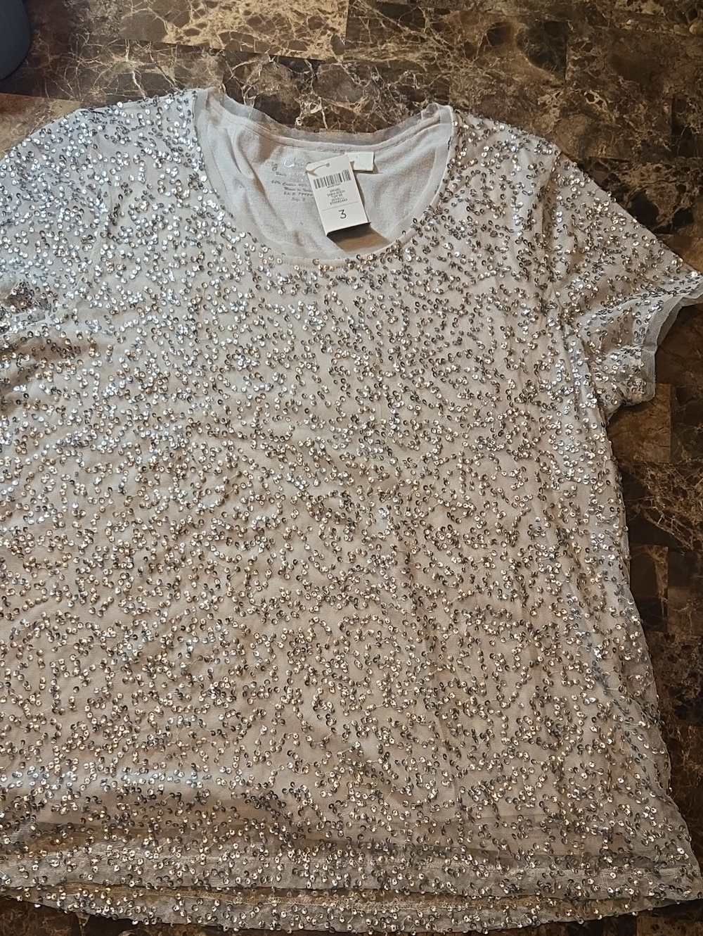 By Chicos sequined Grey Top. Chicos Size 3/trad Size XL. BNWT.